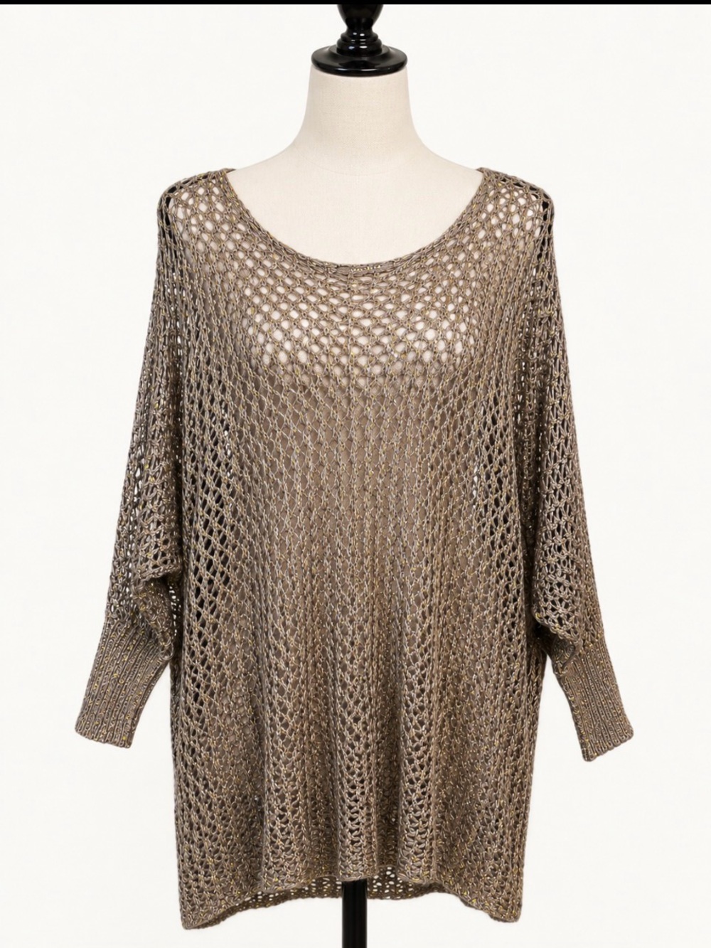 Suzy Shier Taupe Open-Knit Gold Sequin Sweater.  3/4 sleeve M